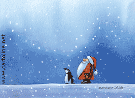 Santa Claus, penguin and falling snow